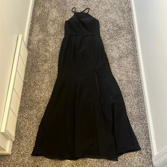 A-line High Neck Floor-Length Chiffon Lace Bridesmaid Dress - Picture 4 of 8